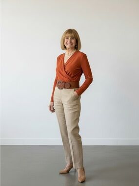 MM Lafleur orange-Rust draped faux Wrap Top Jersey work long sleeve small